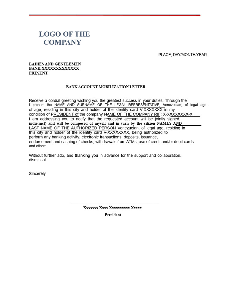 Bank Account Mobilization Letter Template | PDF