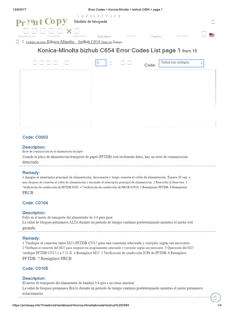Códigos de Error Konica Minolta C654 | PDF | Conector eléctrico ...