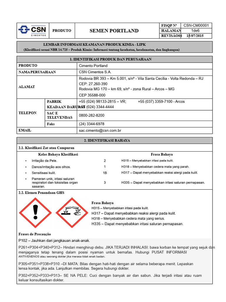 Lembar Keamanan Semen Portland CSN | PDF