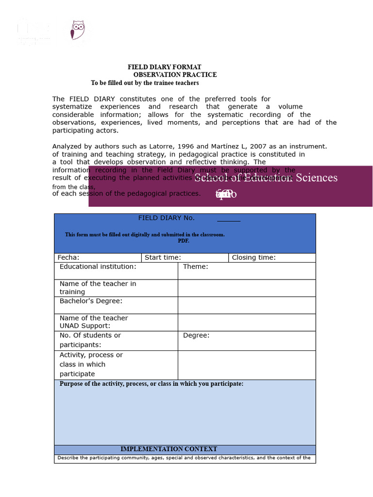 Field Diary Format for Teacher Training | PDF | Teachers | Pedagogy