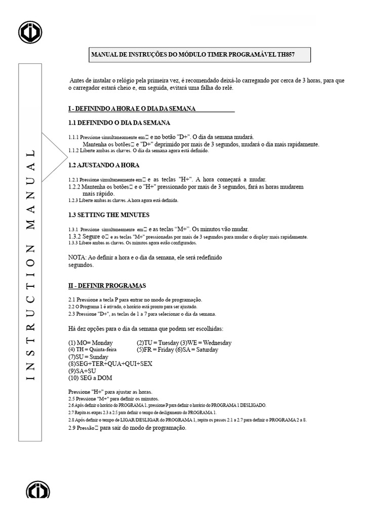 Manual do Timer Programável TH857 | PDF