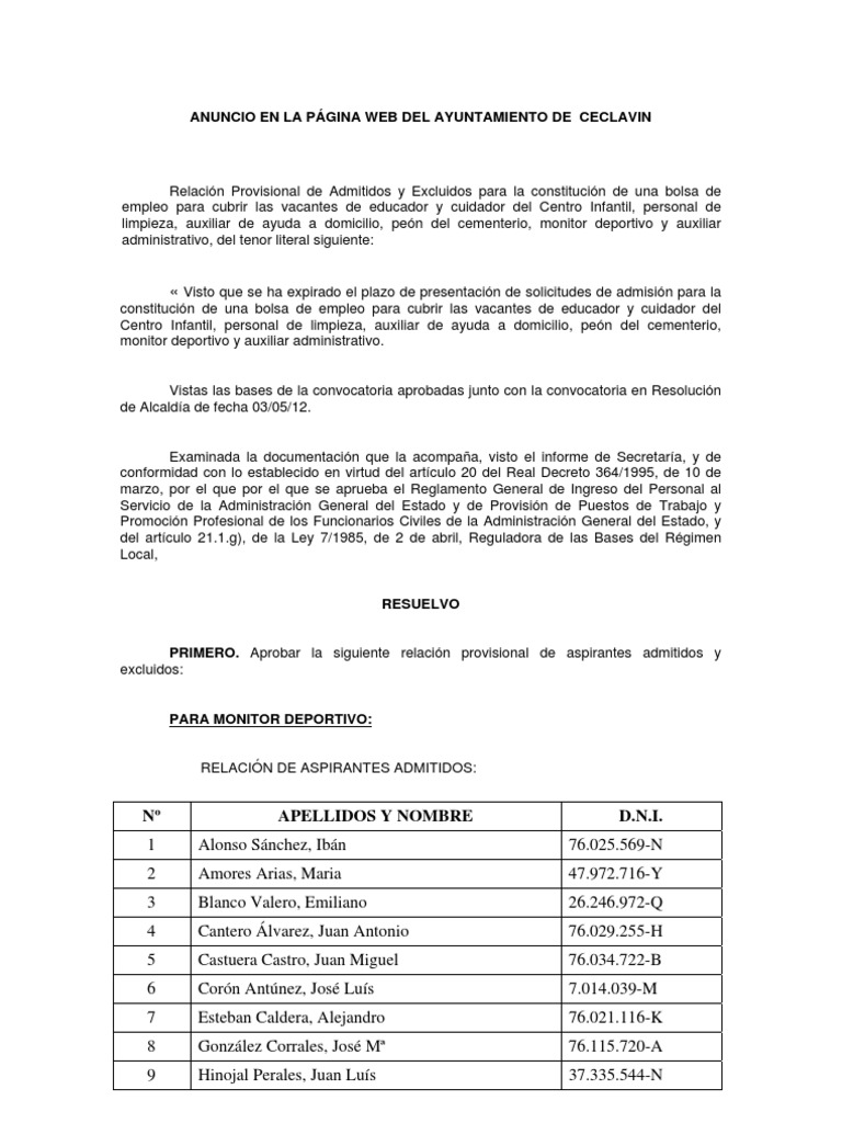Ayuntamiento - Anuncio de Lista Provisional de Admitidos y Excluidos de  Bolsas de Empleo | PDF | Educación avanzada | Escuelas