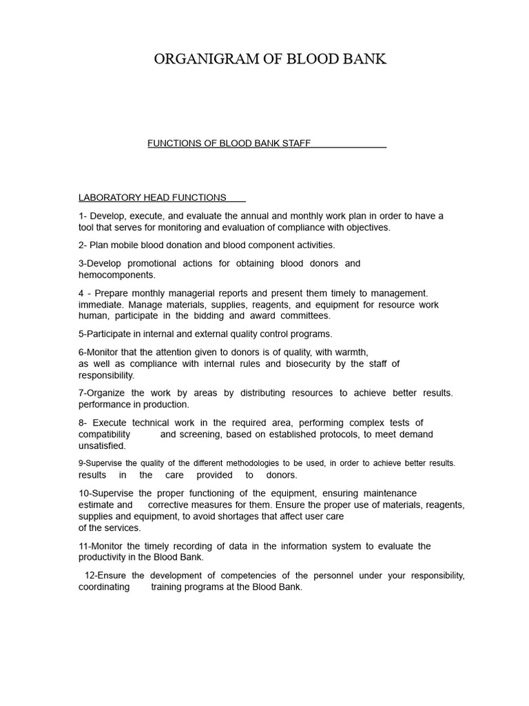 Blood Bank Staff Functions Overview | PDF