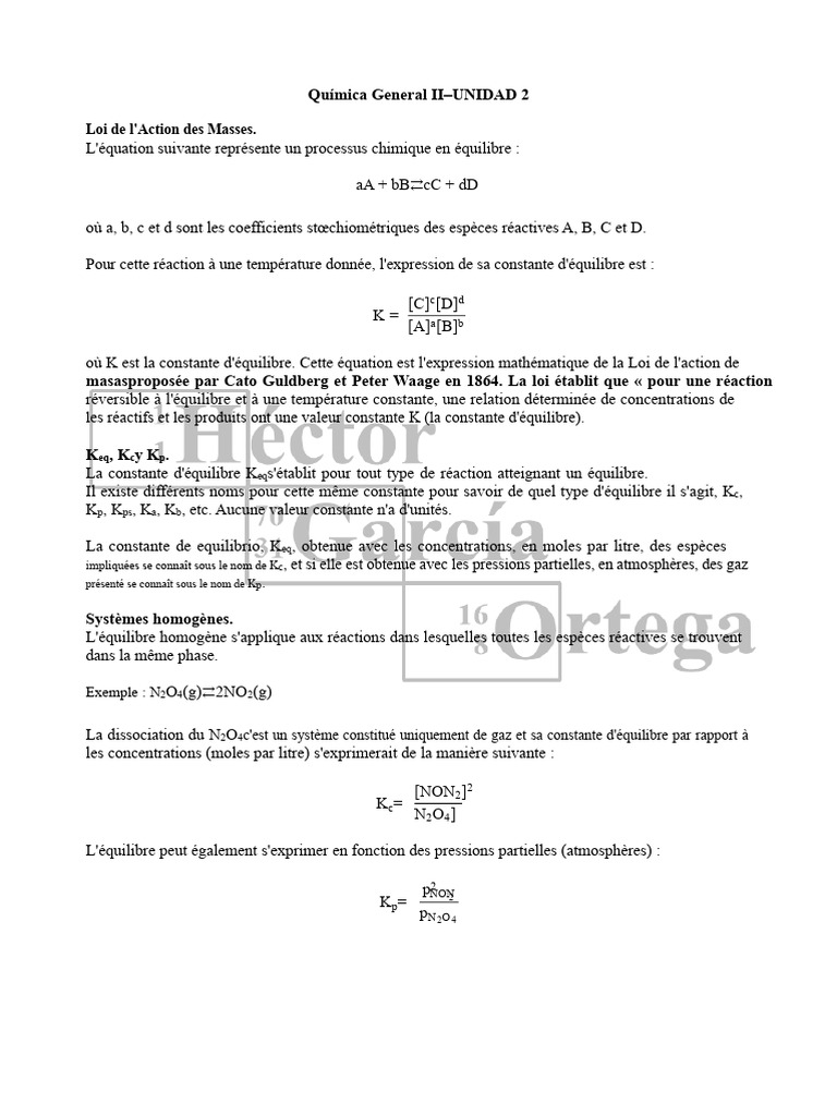 Loi de l'Action des Masses en Chimie | PDF | Équilibre chimique ...
