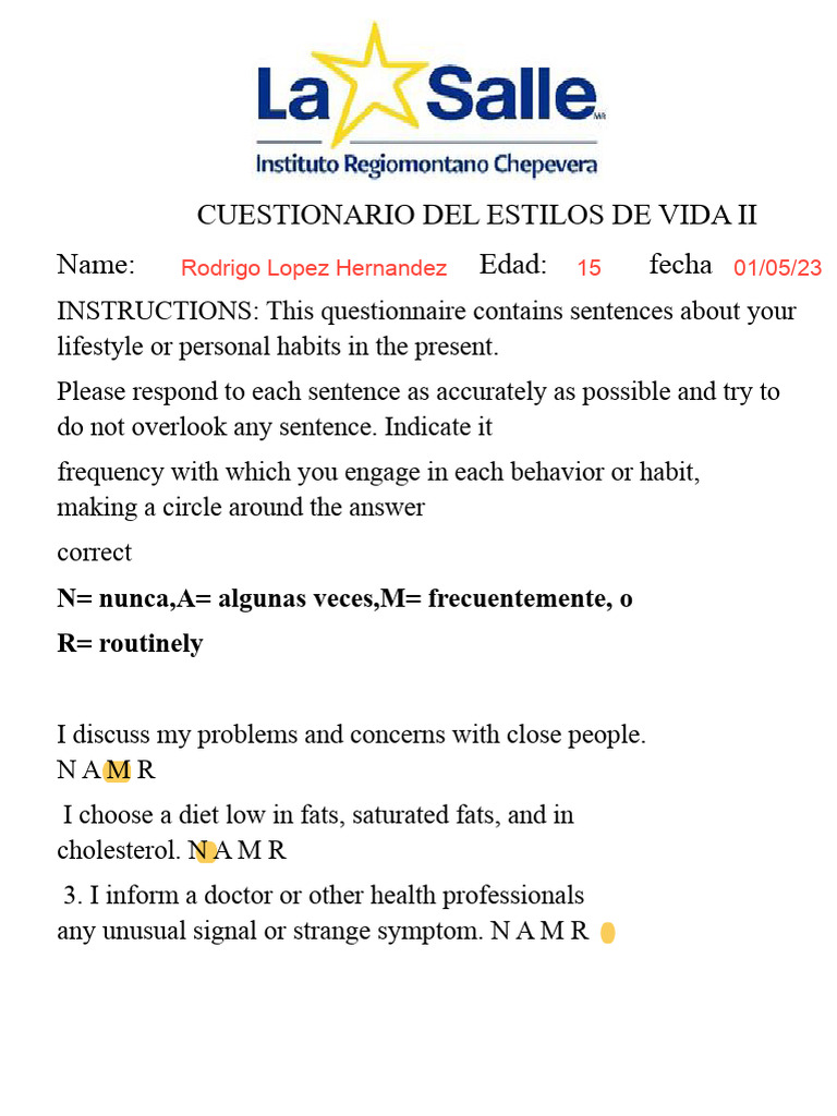 Lifestyle Questionnaire S Ii | PDF | Determinants Of Health