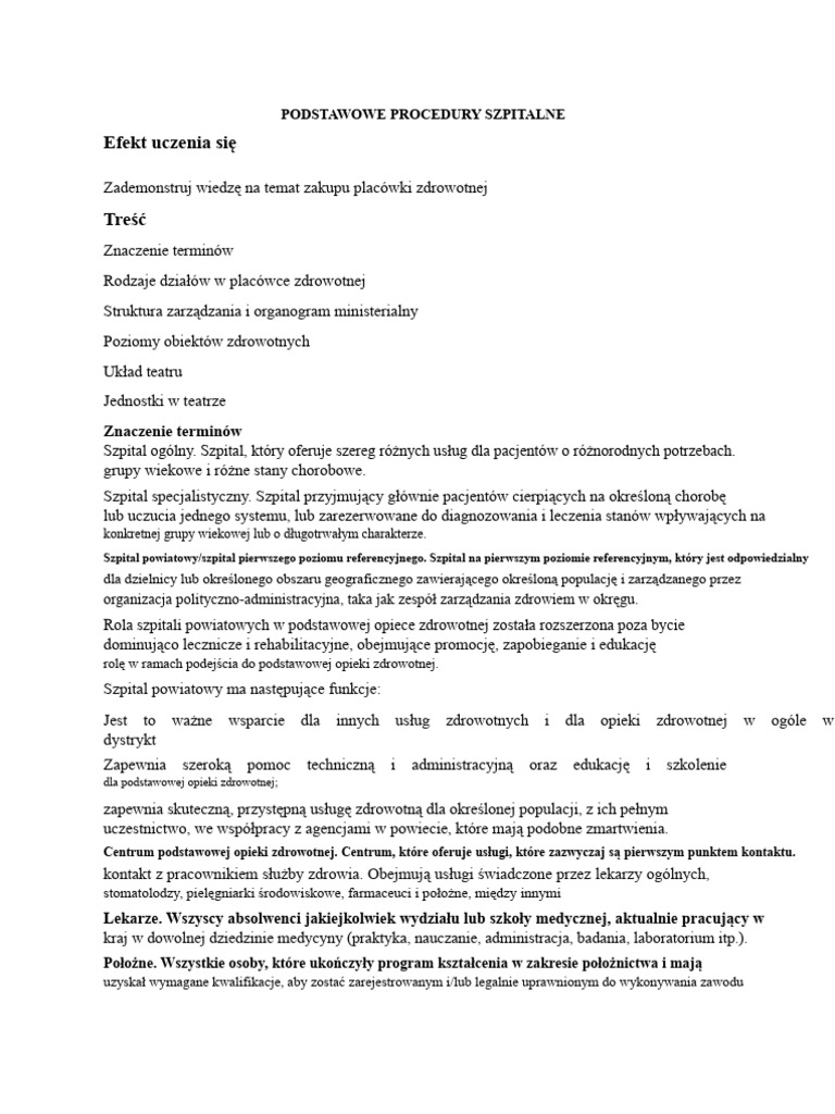 Podstawowe Notatki Procedur Szpitalnych Poziom 5 I 6 - 1 | PDF