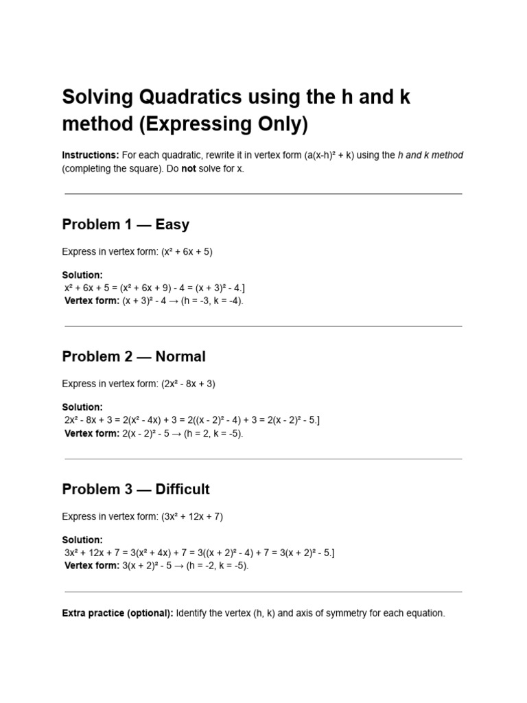 Vertex Form Quadratics: h and k Method | PDF