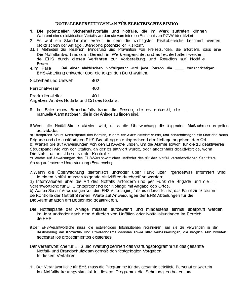 Notfallplan Für Elektrisches Risiko | PDF
