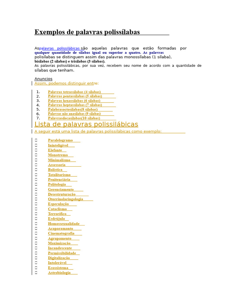 Exemplos de Palavras Polissílabas | PDF | Materiais naturais | Materiais