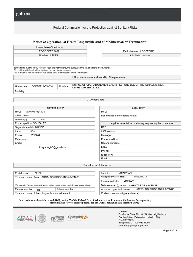 COFEPRIS Health Operation Notice Form | PDF | Foods | Fruit Preserves