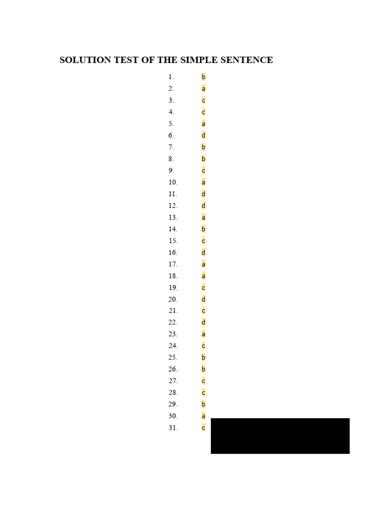 Simple Sentence Solution Test Answers | PDF