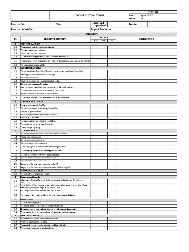 Workplace Safety Inspection Checklist | PDF | Occupational Safety And ...