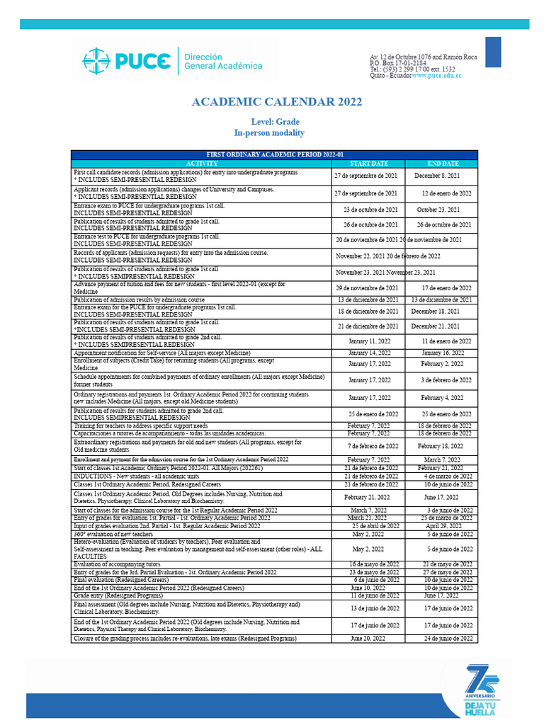 Academic Calendar Students PUCE PDF University And College
