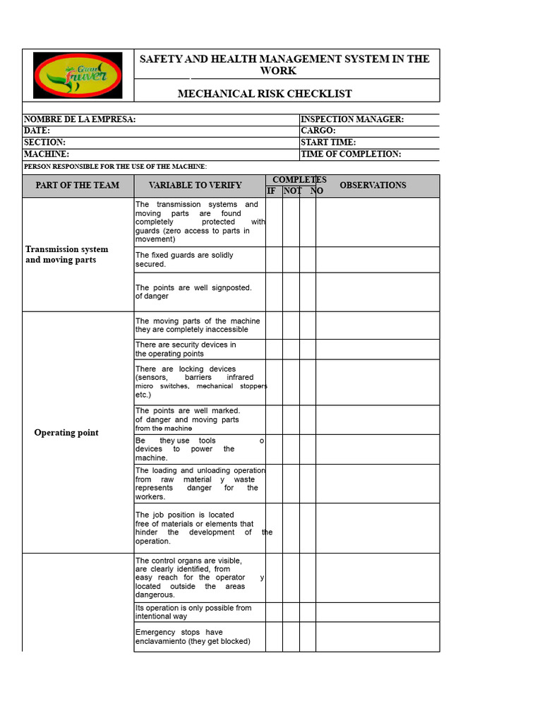 Mechanical Risk Checklist | PDF | Machines | Tools