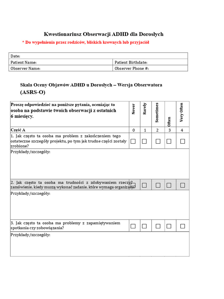 Kwestionariusze Dla Dorosłych Dotyczące ADHD | PDF