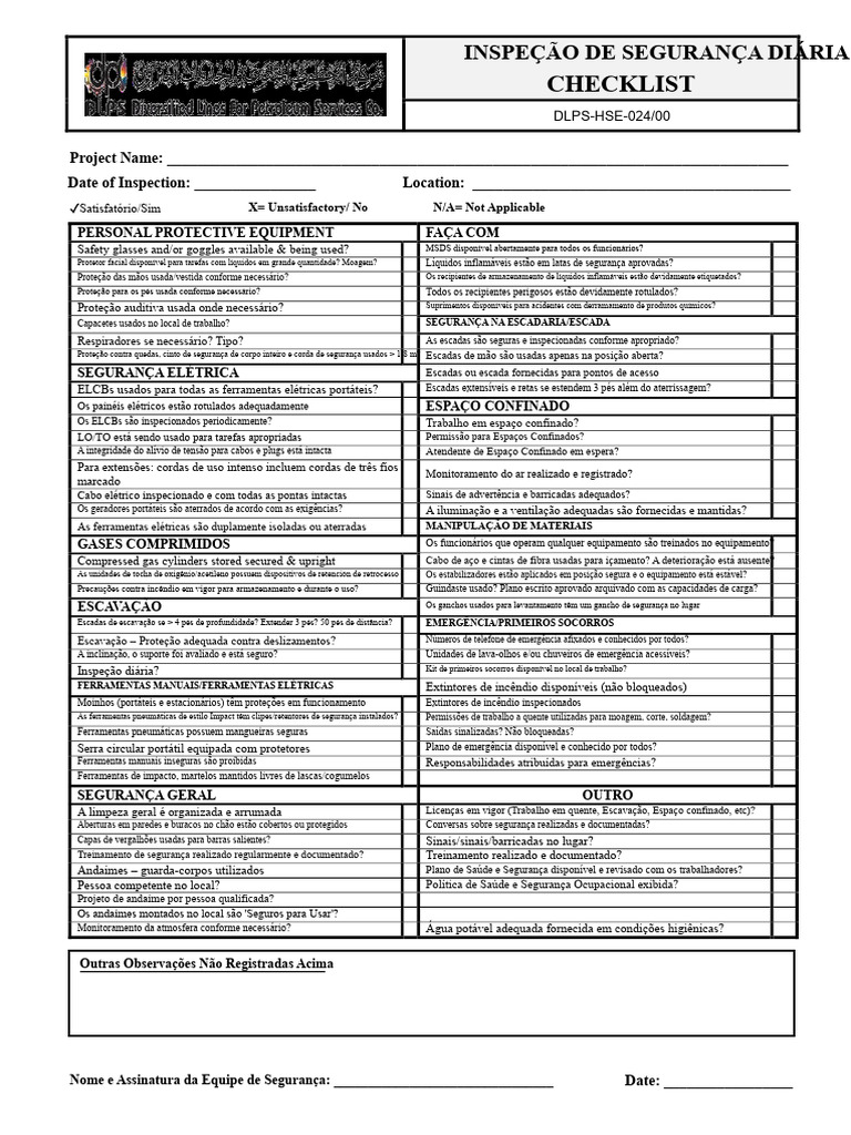 Checklist de Inspeção de Segurança Diária | PDF | Ferramentas
