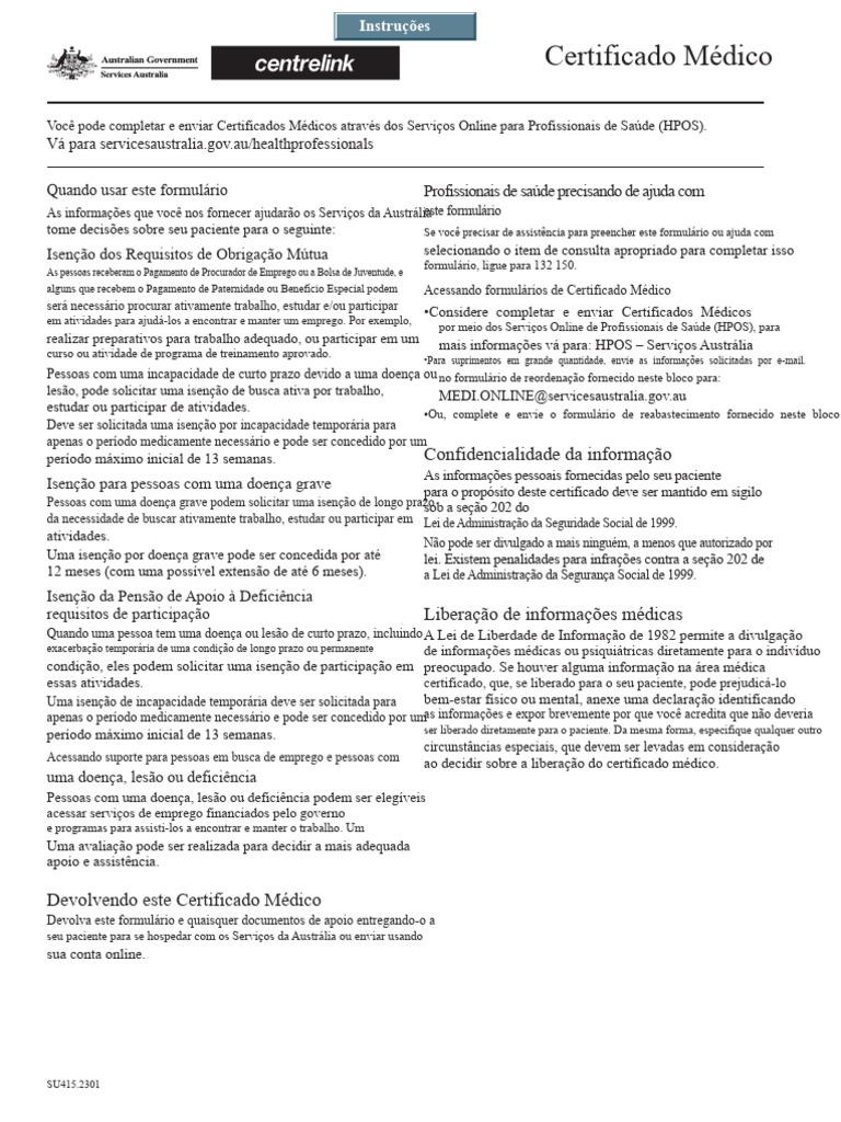 Instruções para Certificado Médico SU415 | PDF | Depressão | AVC