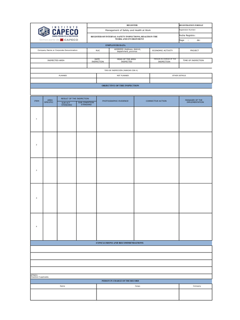 Internal Safety Inspection Register | PDF