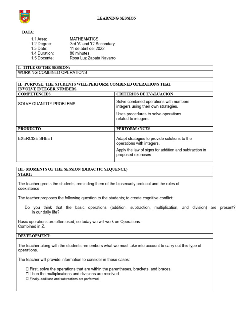 Combined Operations in Mathematics Session | PDF | Cognition | Learning