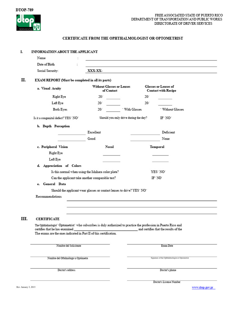 Puerto Rico Driver Vision Certificate Form | PDF | Optometry ...
