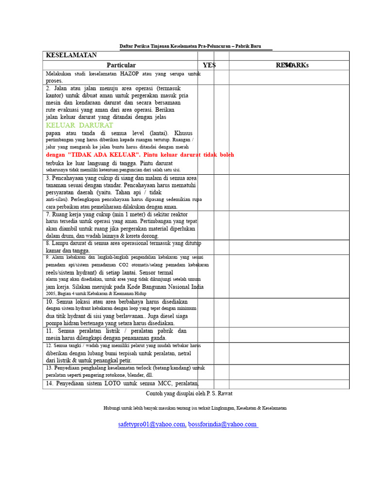 Checklist Tinjauan Keamanan Pra-Startup Contoh | PDF