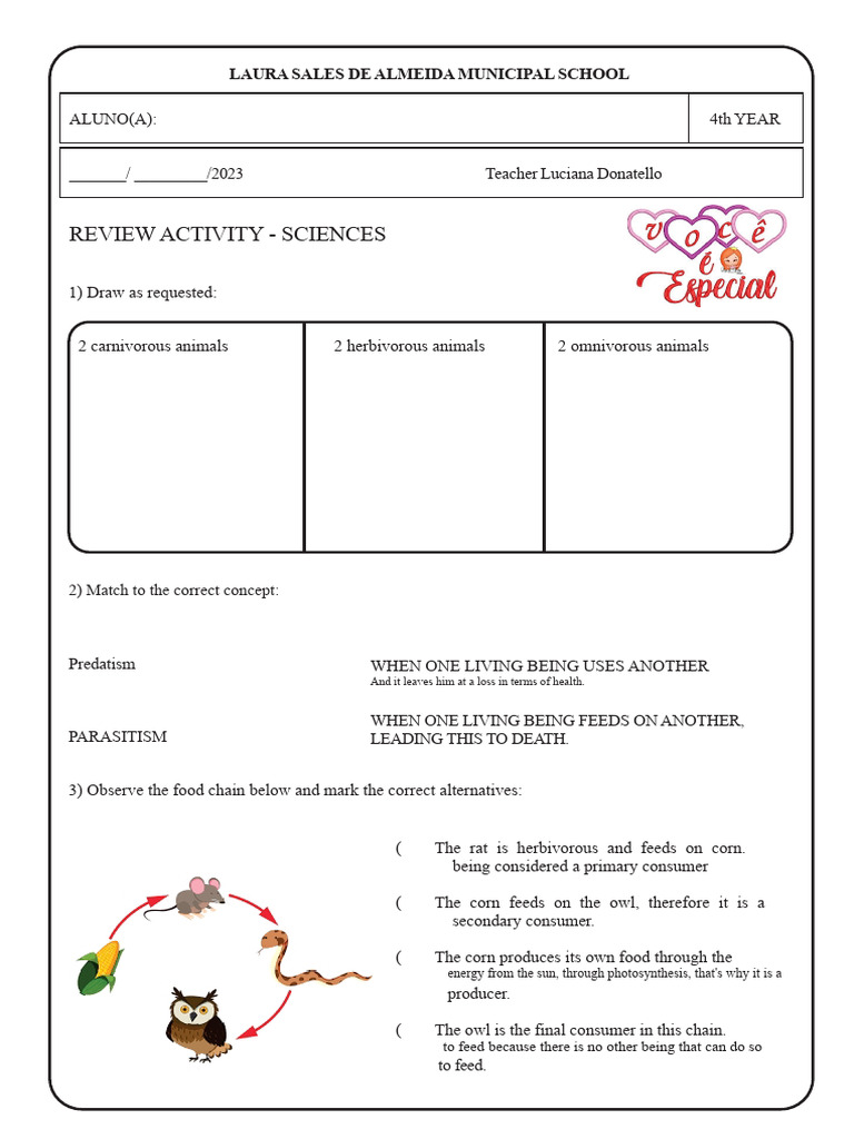Review Science 1 Unit 4th Grade | PDF | Foods | Predation