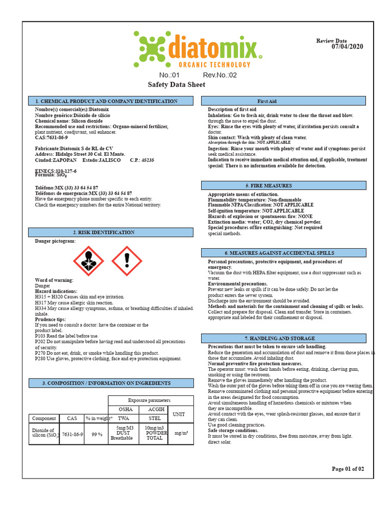 Safety Data Sheet for Silicon Dioxide | PDF | Waste | Safety