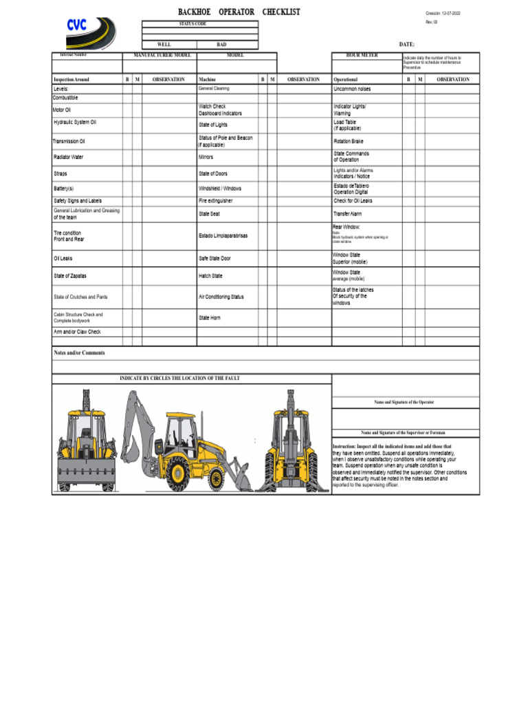 Backhoe Loader Checklist Compress | PDF | Truck | Loader (Equipment)
