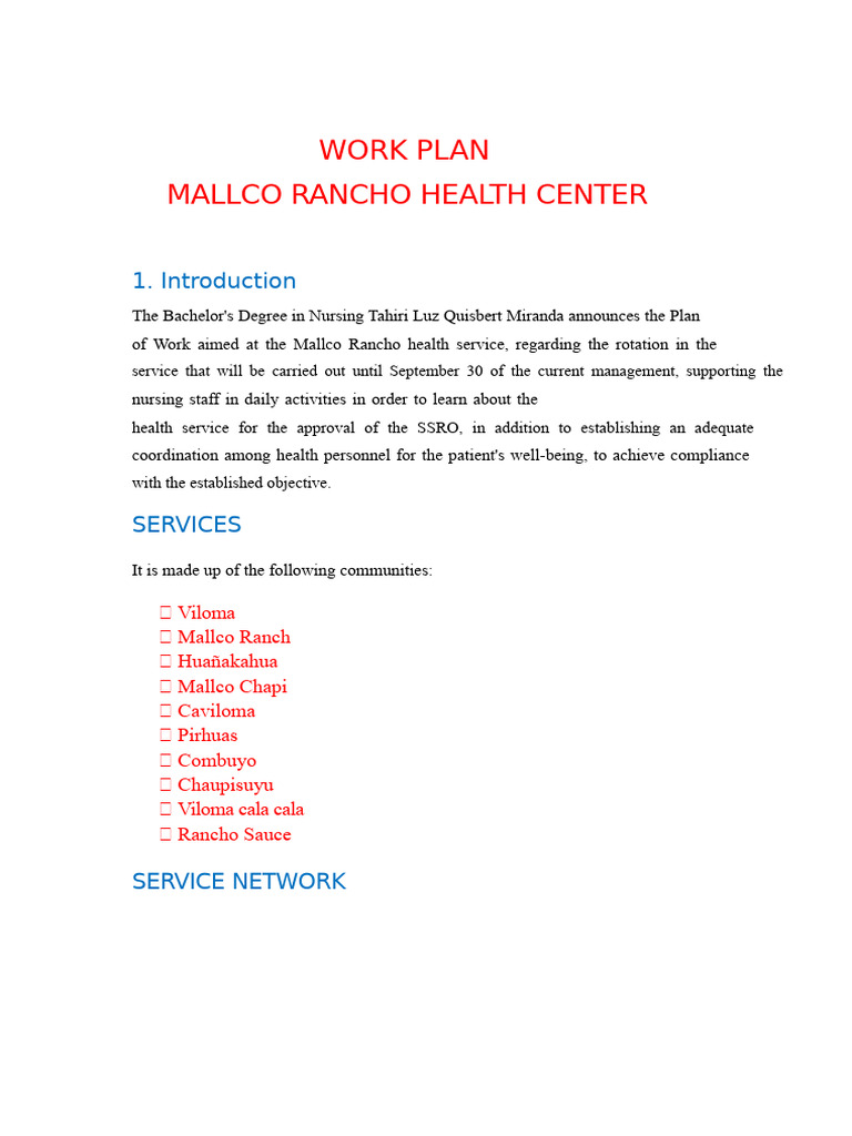 Mallco Rancho Health Center Work Plan | PDF | Nursing | Social Programs