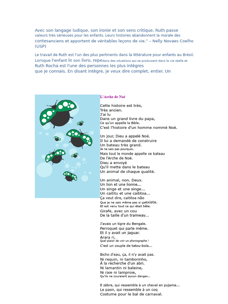 Ruth Rocha : Littérature enfantine brésilienne | PDF | Arche de Noé | Noé