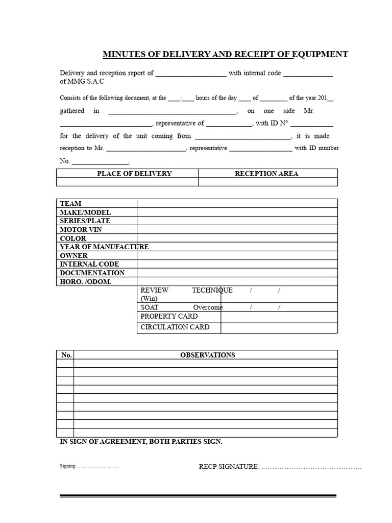 Equipment Delivery and Receipt Minutes | PDF