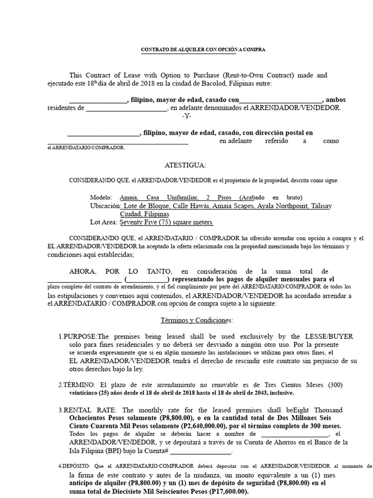 Contrato de Alquiler Con Opción A Compra - Tibon | PDF | Violación ...