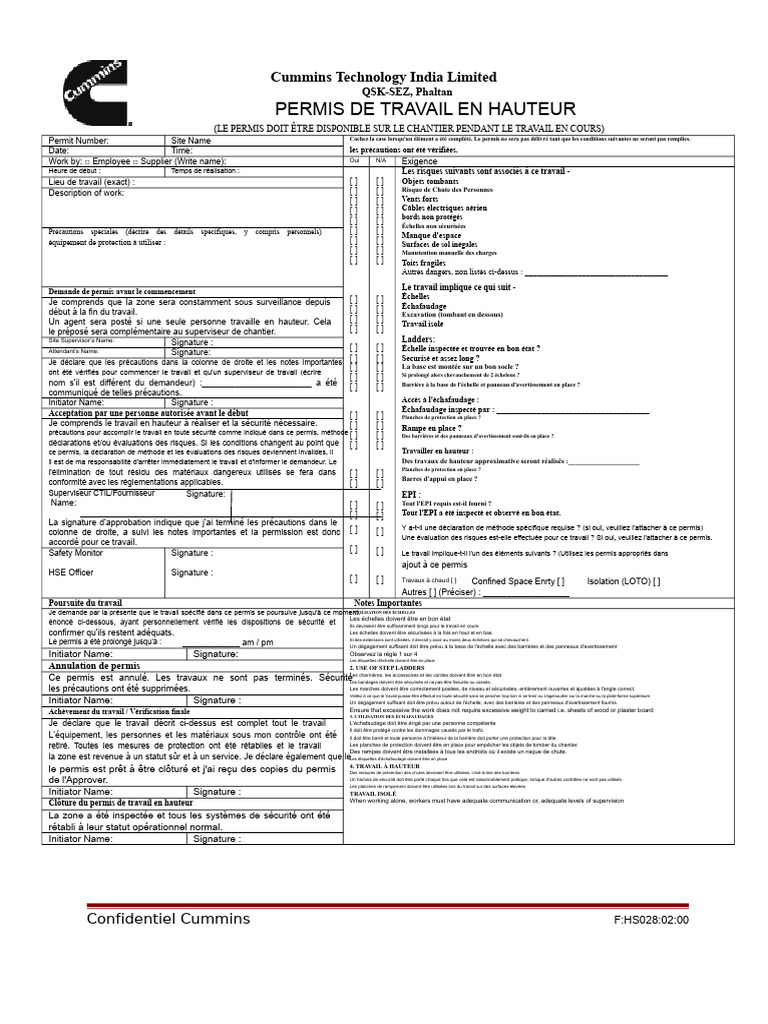 Permis de Travail en Hauteur - Cummins | PDF | Sécurité