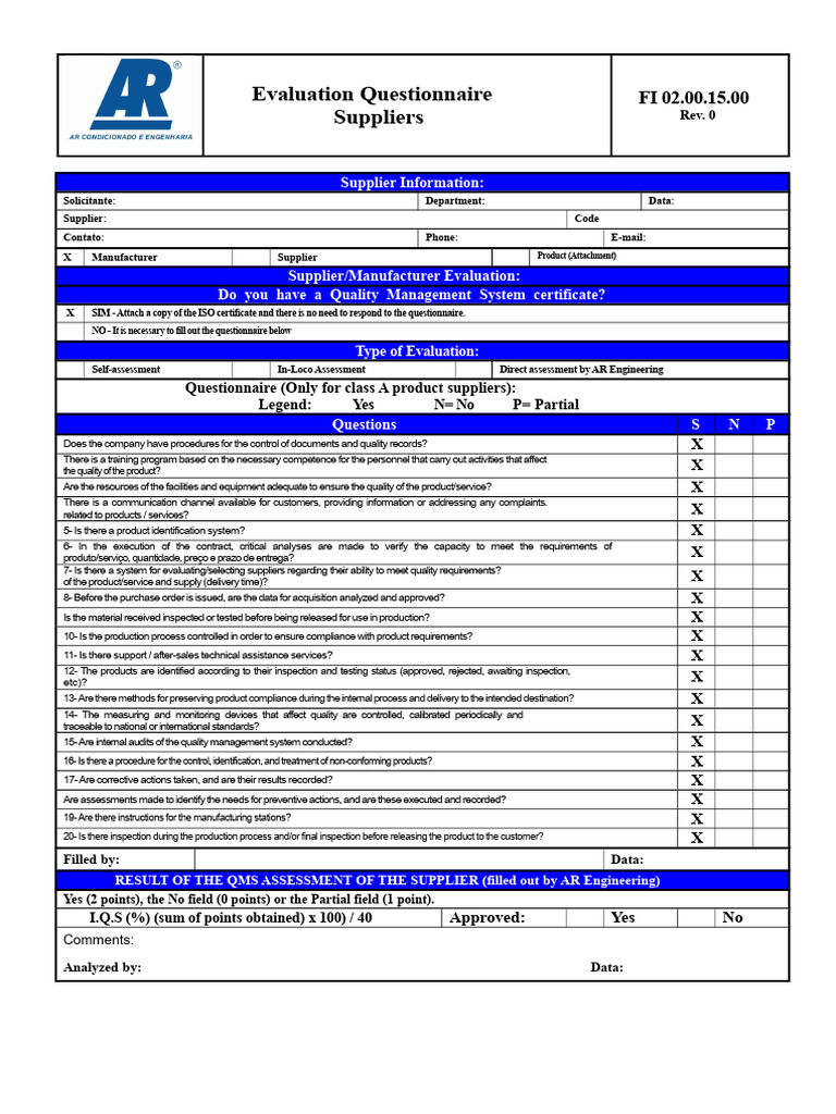 FI 02 00 15 00 Supplier Evaluation Questionnaire | PDF | Business