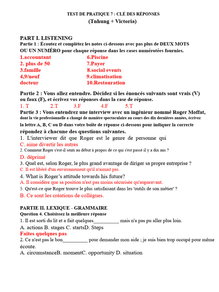 Test de Pratique 7 : Clé des Réponses | PDF