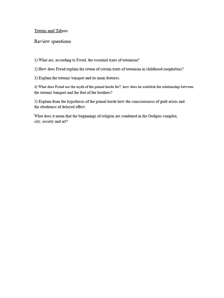 TP 17. Totem and Taboo. Review Questions | PDF