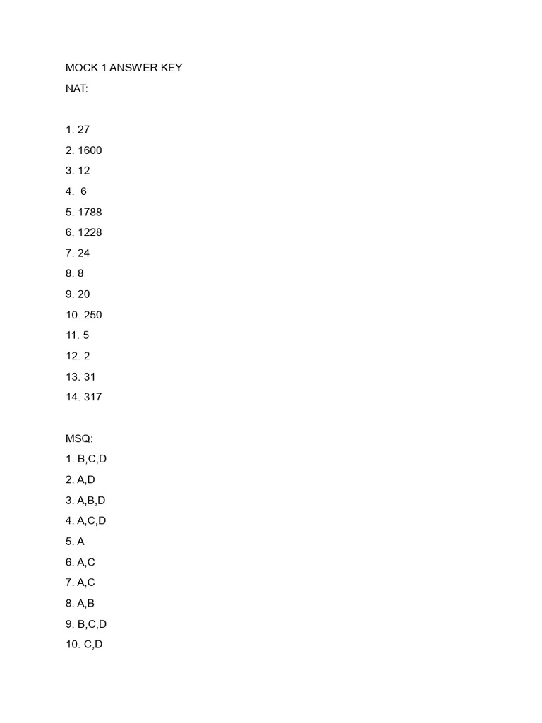 Mock Answer Key for NAT, MSQ, MCQ | PDF
