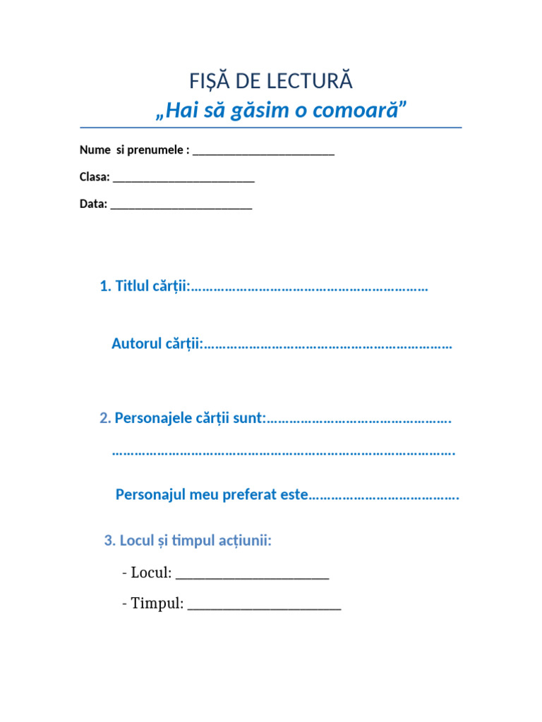 Fisa de Lectura Hai Sa Gasim o Comoara Final | PDF