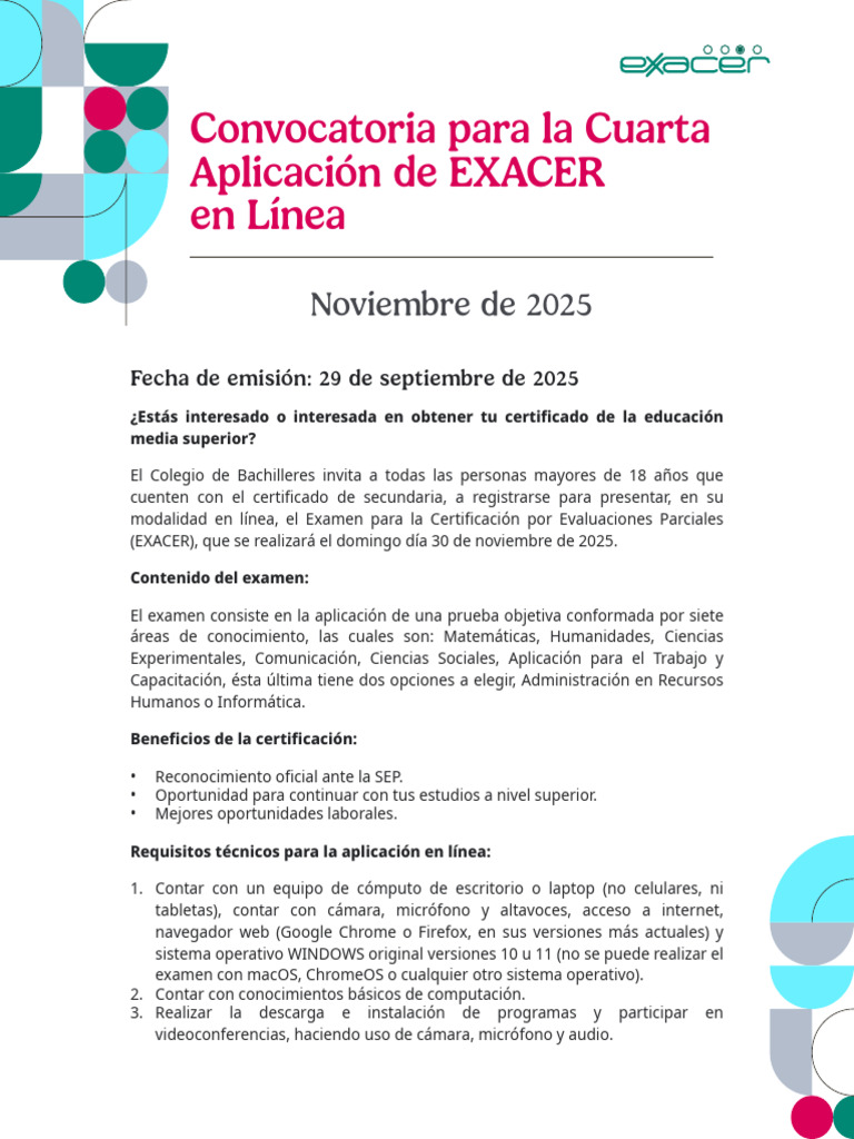 Convocatoria4ta Aplicacion EXACER Linea | PDF | Informática