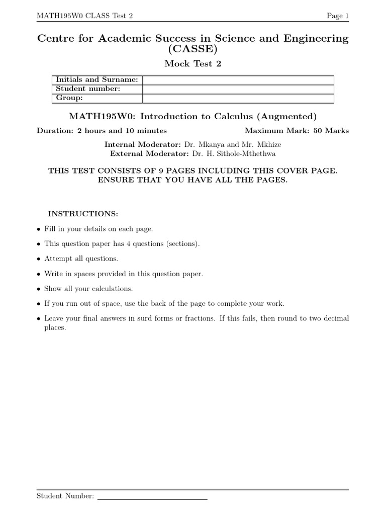 MATH195W0 Calculus Mock Test 2 | PDF | Function (Mathematics ...