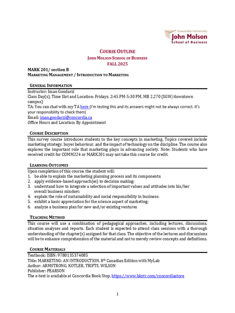 Marketing Management Course Outline 2025 | PDF | Marketing | Pricing
