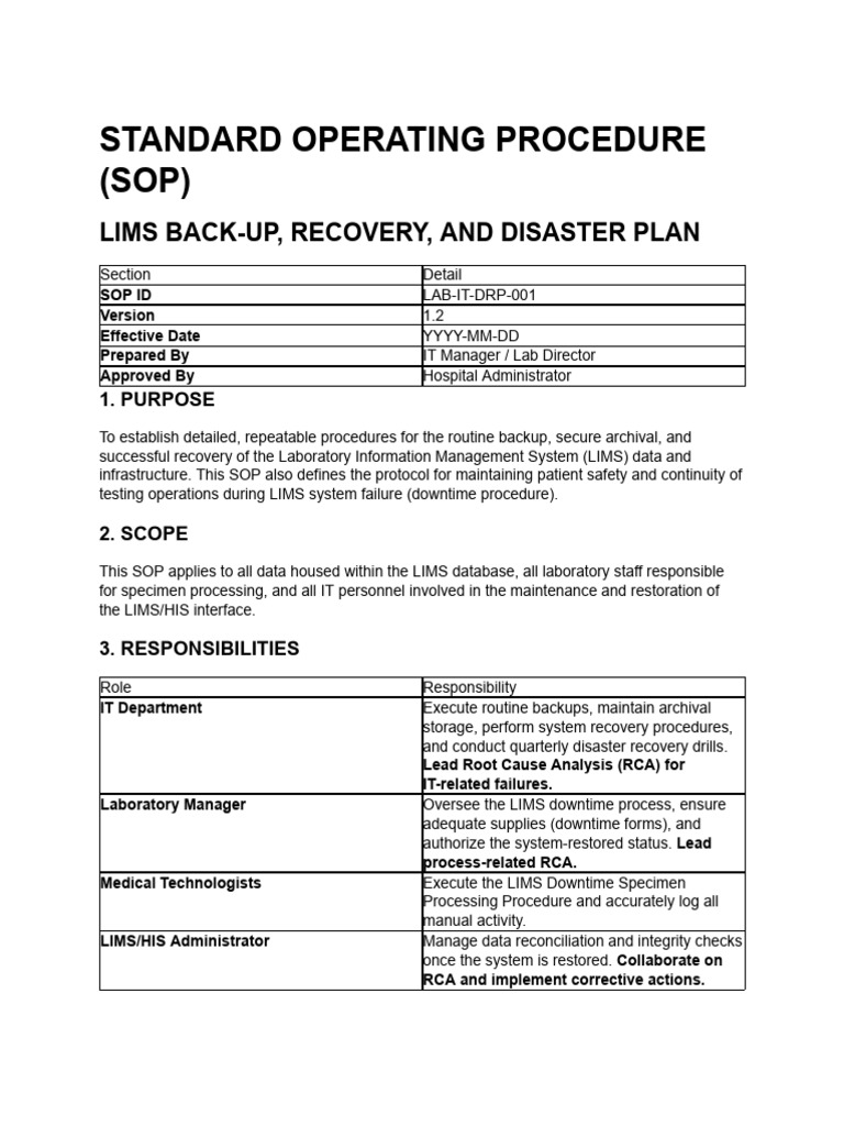 LIMS Backup and Disaster Recovery SOP | PDF | Backup | Data