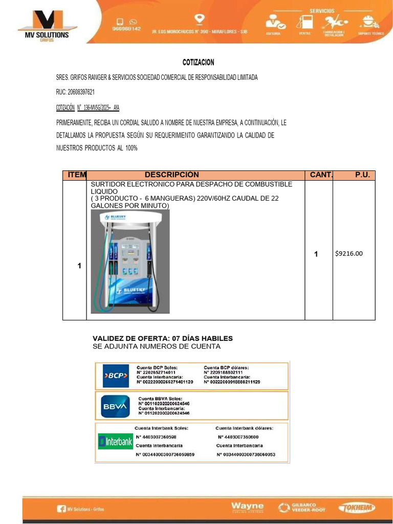 Cotizacion 137 MVSG Dispensadores de Combustible | PDF