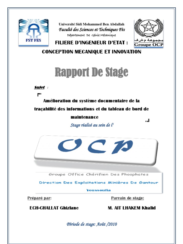 Rapport De Stage Filiere D’Ingenieur D’Etat Conception Mecanique Et