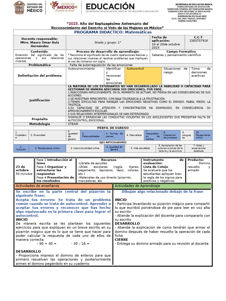 Programa 23 Octu 2023 Suma y Resta Enteross | PDF | Las emociones ...