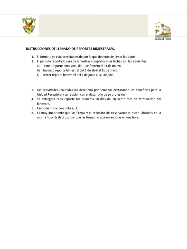 Instrucciones para El Llenado Del Formato Reporte Bimestral | PDF