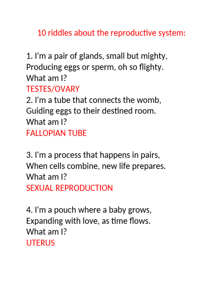 Enhancement Camp Activity - Reproductive System Riddles | PDF