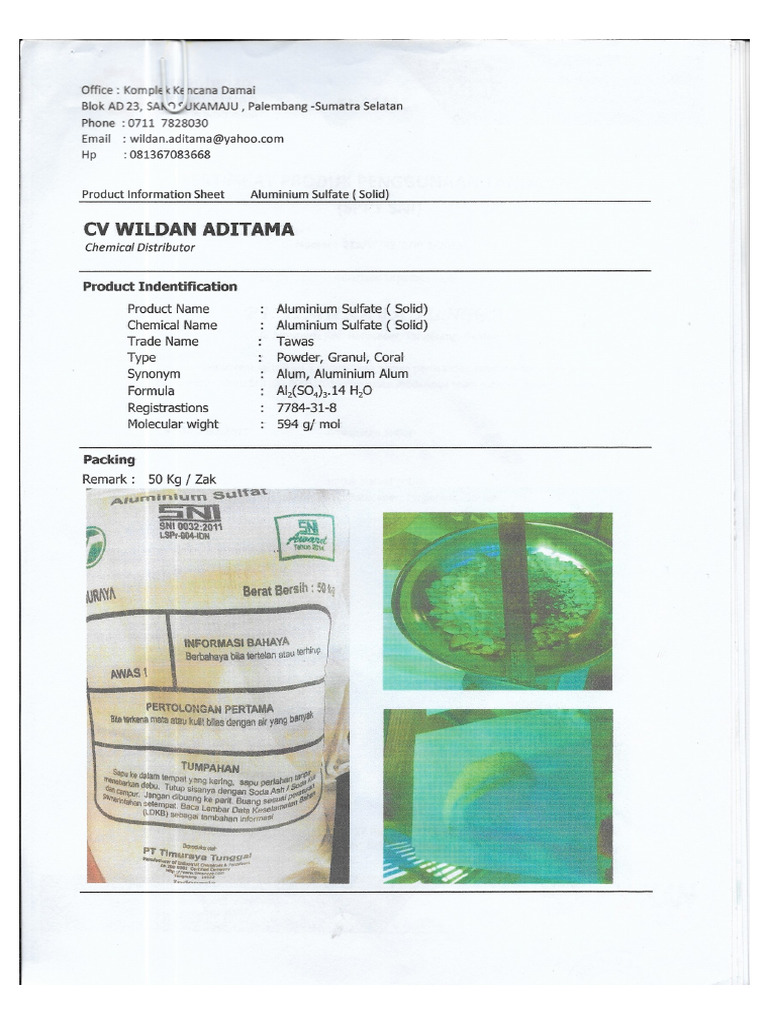 Msds,Coa Aluminium Sulfate | PDF | Personal Protective Equipment | Toxicity