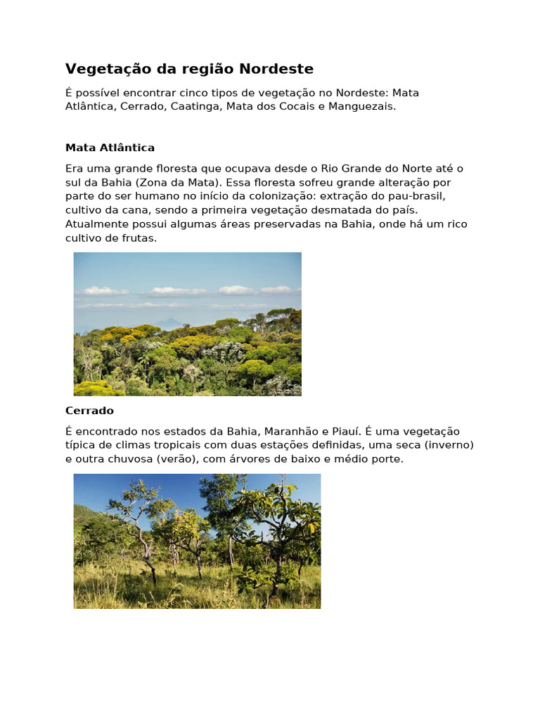 Tipos de Vegetação no Nordeste Brasileiro | PDF