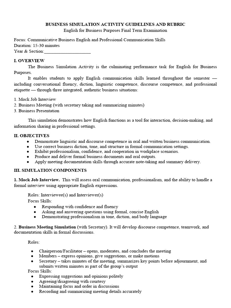 Business Simulation Activity Guidelines | PDF | Communication | Fluency
